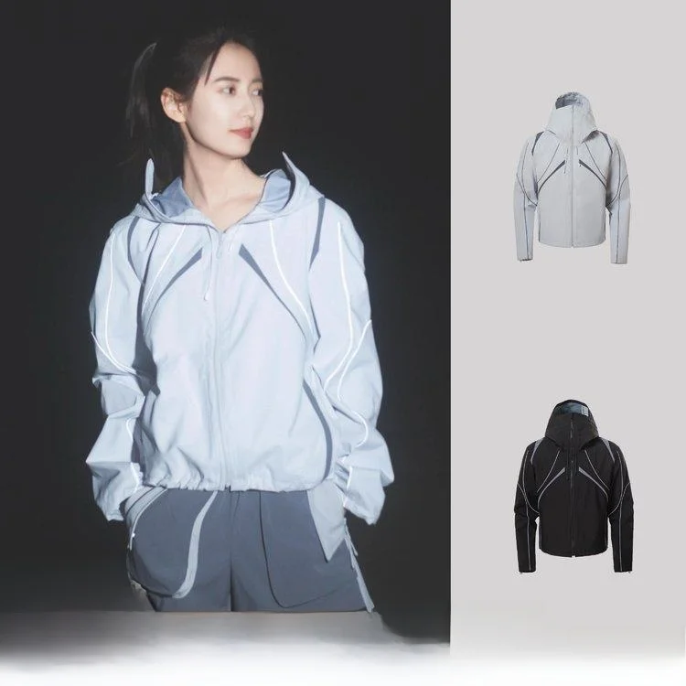 

Женская спортивная куртка с отражающим дизайном, с капюшоном, повседневная, ветрозащитная, из полиэфирного волокна, с длинными рукавами, на молнии