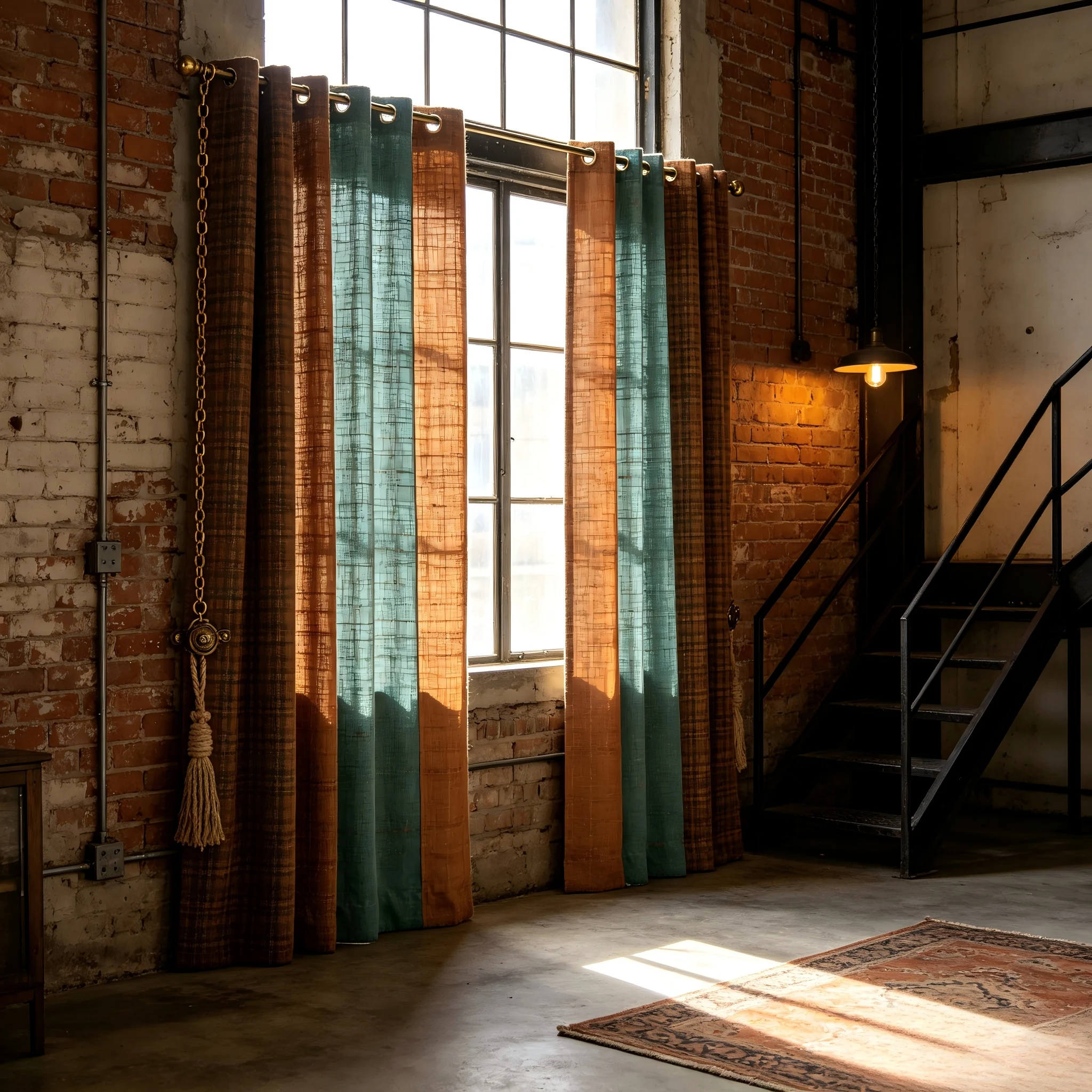 200362   Caramel Brown x Green Coarse Hemp Blended Curtains
