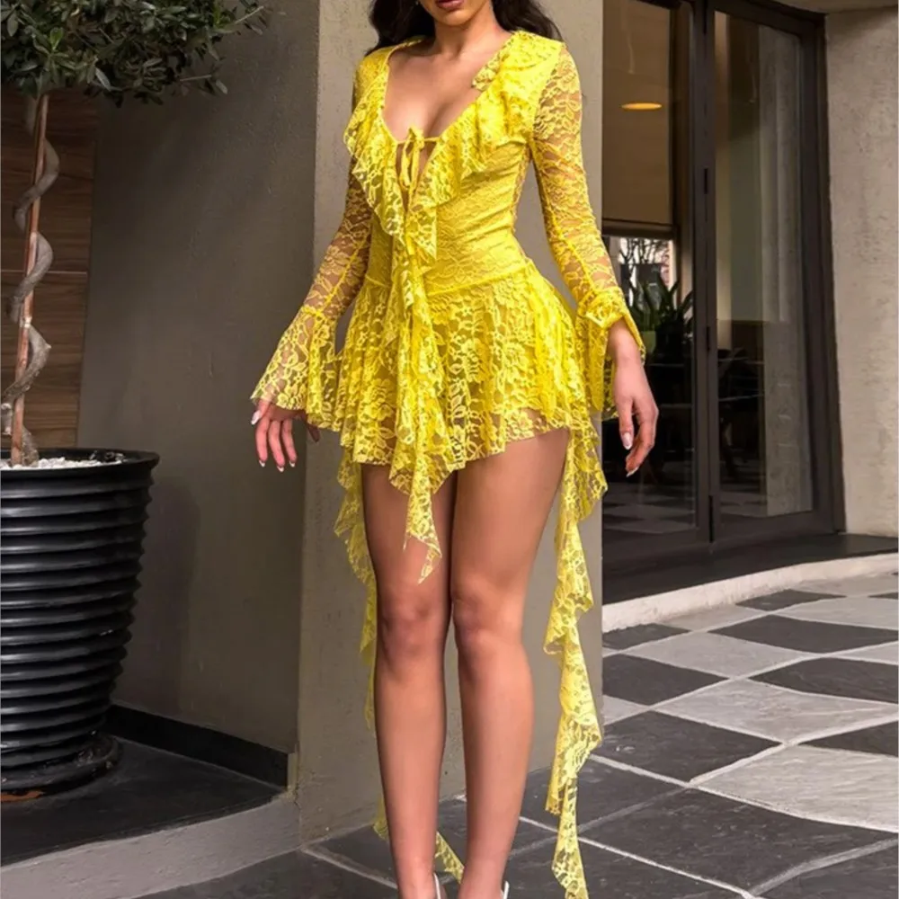 

Lace Lotus Leaf Streamers Long Sleeves With Safety Pants Dress Women Spring Summer Sexy Hollow Lace Dress Elegant Party Dresses
