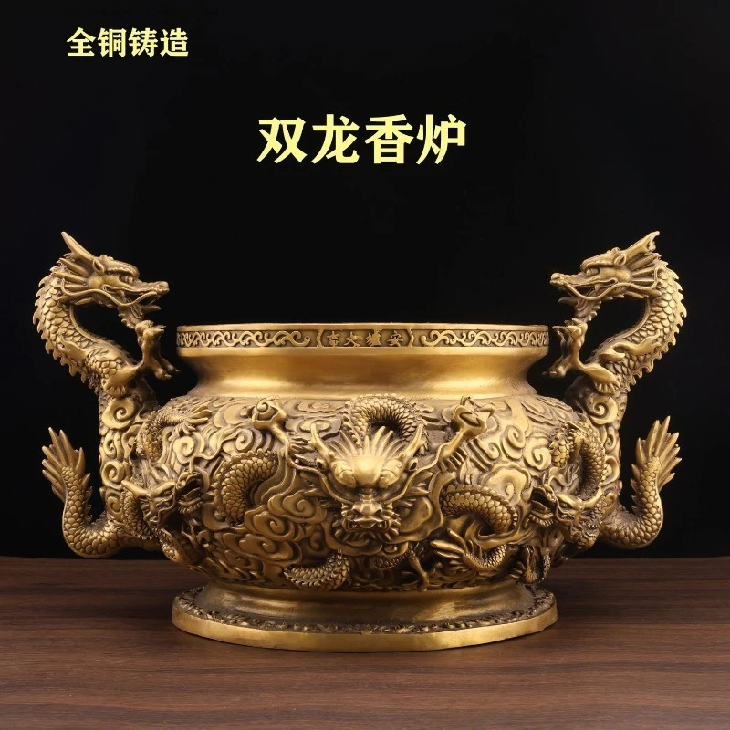 Pure copper Kowloon incense burner ornament, large double dragon incense burner tripod, home ornament