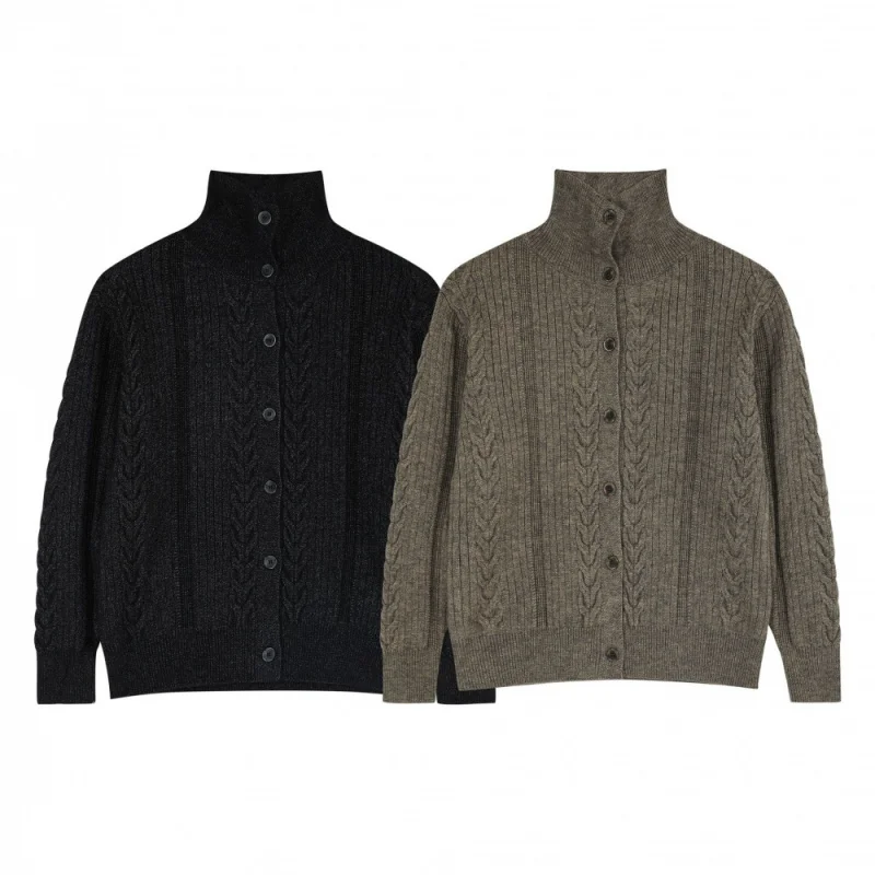 Men's Brown Cable Knit Cardigan, 2025 Autumn New Stand Collar Button-Down Warm Knitted Outerwear