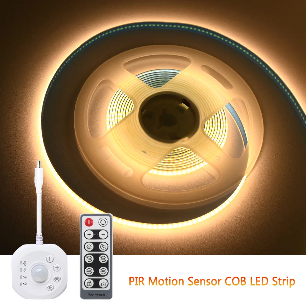 PIR Motion Sensor 12V COB LED Strip 1m 2m 3m 4m 5m Flexible Dimmable Timer Auto On/Off Room Bed Light 3000K-6500K Warm White Kit