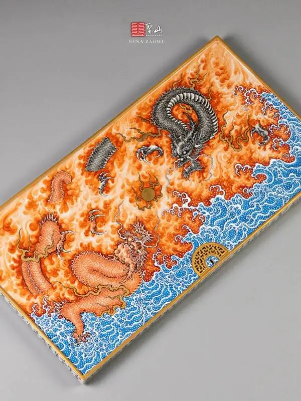 Holy Mountain Classy Pastel Alum Red Glaze Double Dragon Jingdezhen Ceramic Handmade Large Tea Tray