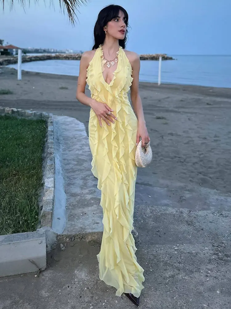 

GACVGA Elegant Ruffle Women's Maxi Dress New Halter Backless Sleeveless Summer Holiday Sexy Bodycon Party Long Dress