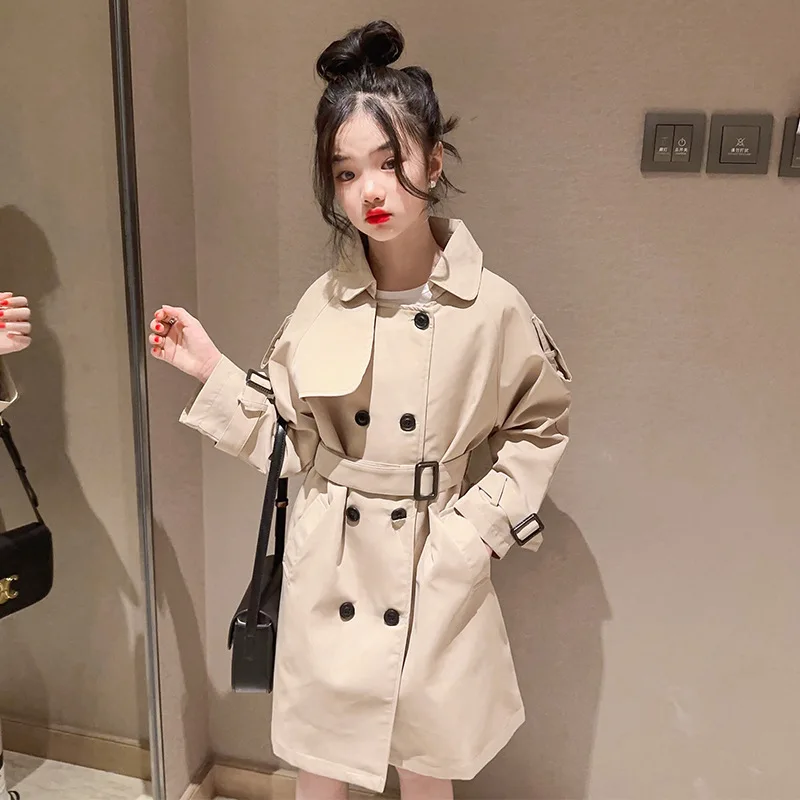 

5-14Years Teenage Girls Trench Coat with Sashes Classical Long Khaki Jackets Children's Double-Breasted England Style Outerwear