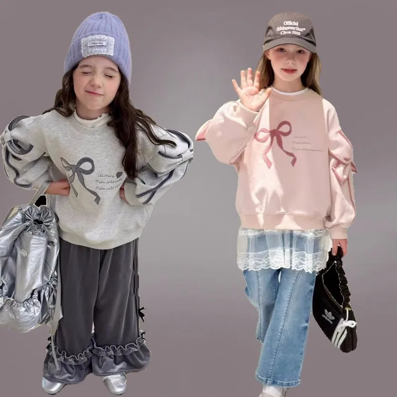 

Spring Autumn Baby and Girls Cotton Cute Sweatshirt with Bow Sleeves School Kids Pullover Coat Top Children Outfit Jumper 2-9 Yr