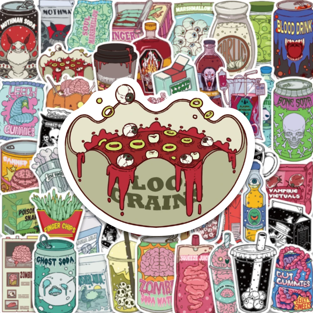 50PCS Cartoon Horror Halloween Style Zombie Food Stickers Intestine Beverages Brain Cans Eye Soda Personalized Gifts Collection