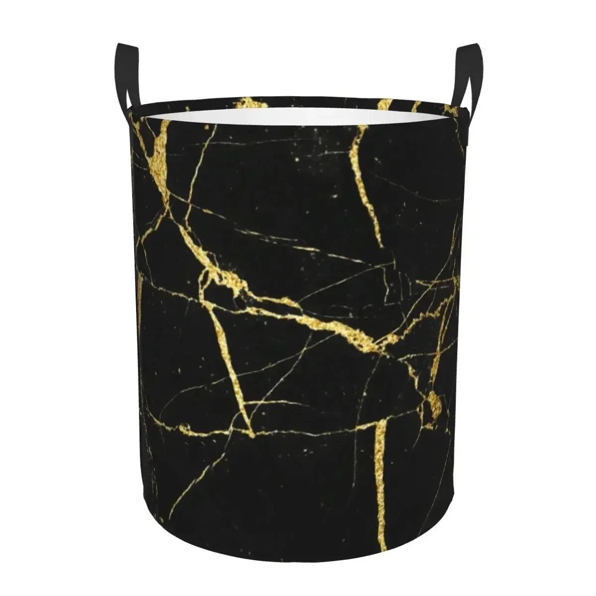 Custom Black And Gold Marble Texture Laundry Hamper Large Storage Basket Abstract Pattern Modern Geometric Graphic Toy Organizer