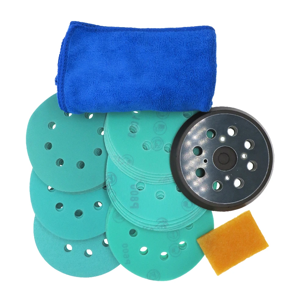 5 Inch 8 Holes Polyester Film Sandpaper Hook and Loop Sanding Disc Abrasive Polishing Tools 33 Pcs Aluminum Oxide Green Grinding