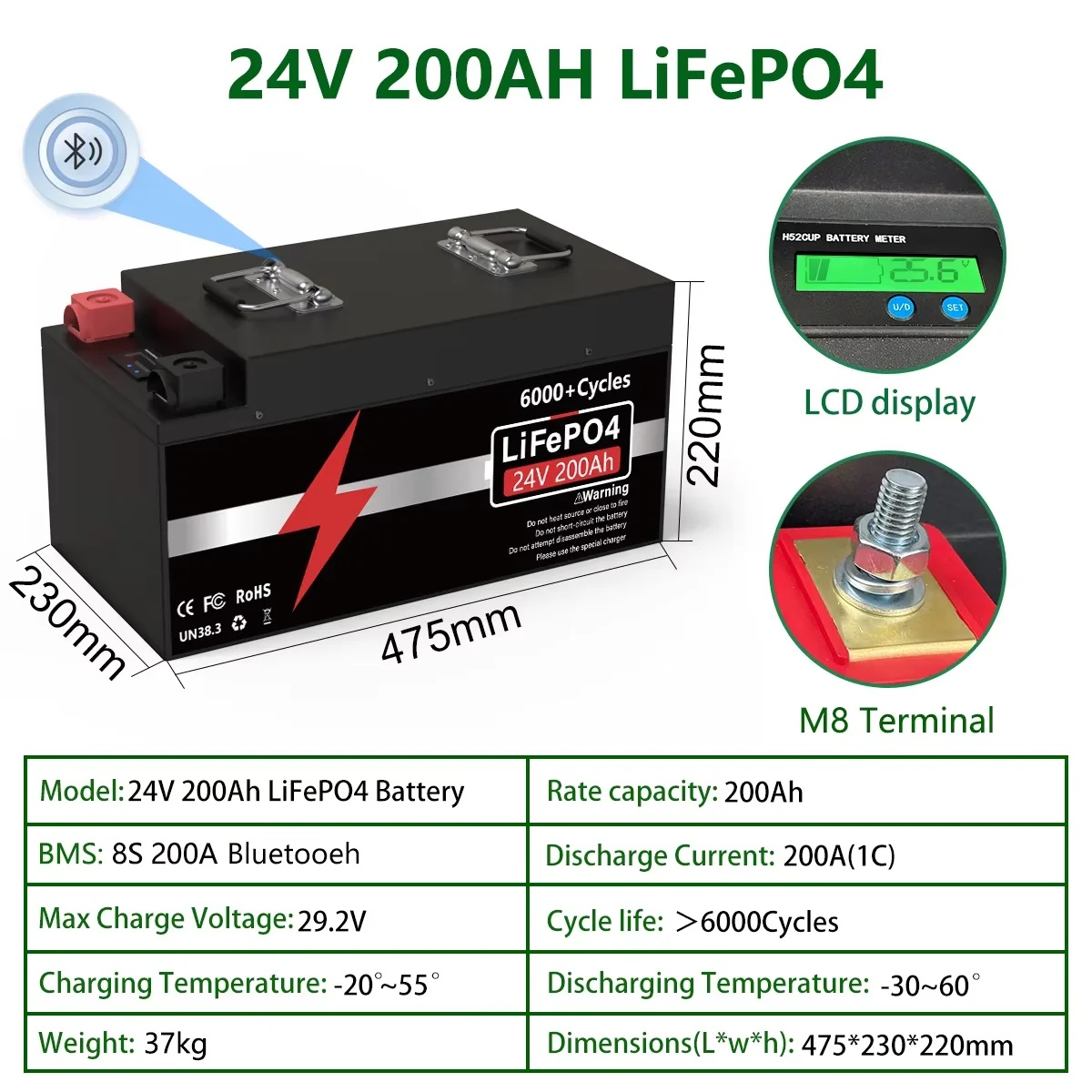 UKR Lagerbestand 24V 300Ah LiFePO4 Batterie 100Ah Bluetooth 8S 200A BMS 25,6V 140Ah 6000+ Zyklen Klasse A Zellen 3-Tage-Lieferung