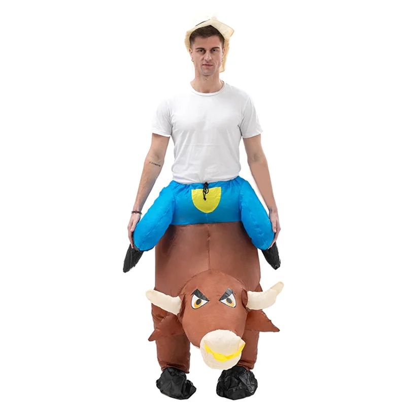 Adult Inflatable Bull Costume Ride on Cow OX Suit Blow Up Clothing for Halloween Cosplay Party Dress Funny Fancy Mascot