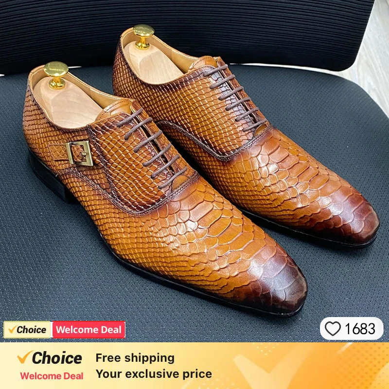 Mens Handmade Leather Dress Shoes Business Crocodile Pattern Oxford Formal Lace-Up Comfortable NonSlip Breathable Office Wedding - Image 3