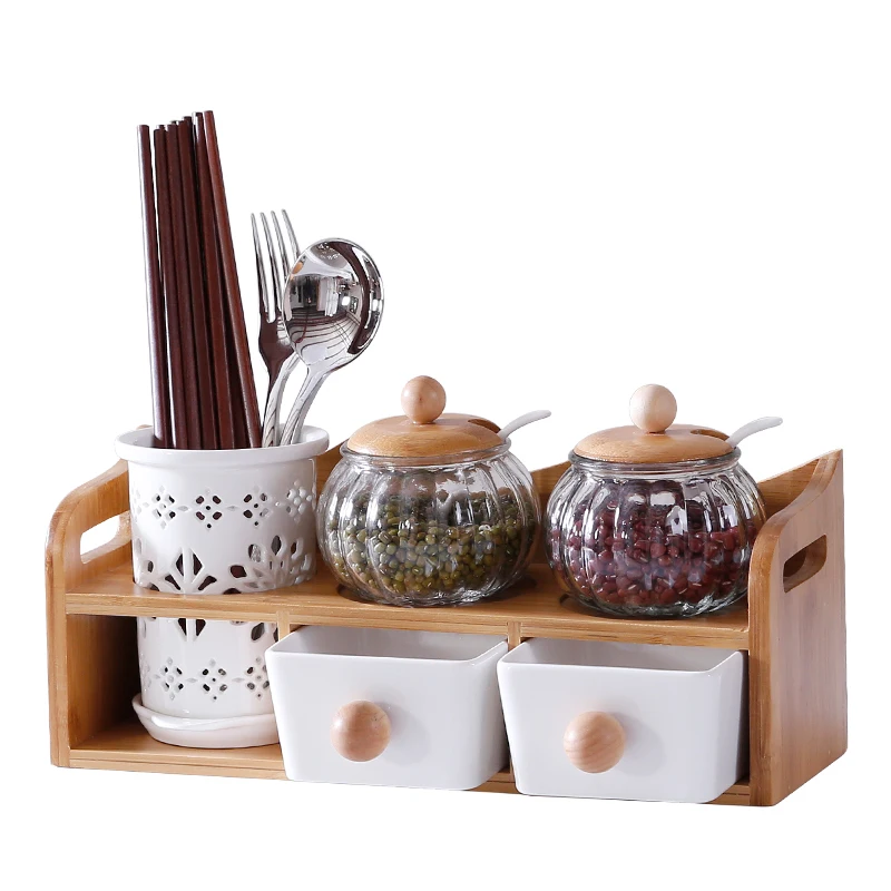 

Creative Condiment Pot Drawer Type, Hollow Chopsticks Bamboo Shelf, Ceramic Glass Jars, Jars Container, Mason Lid, Cookie Spices