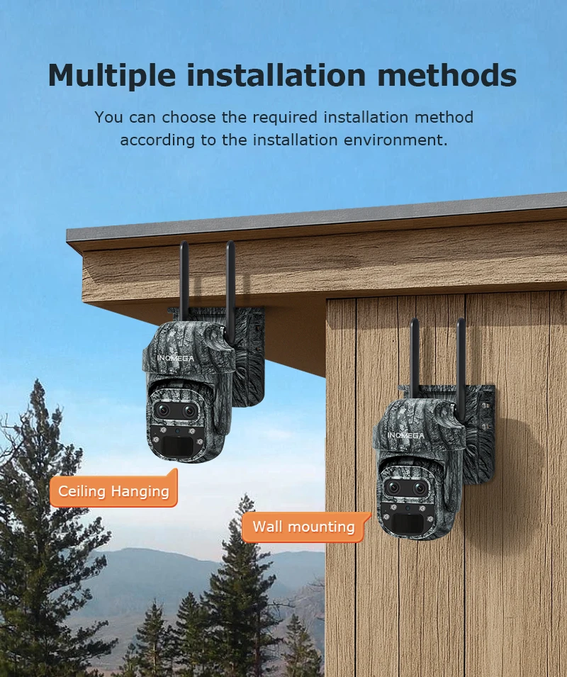 INQMEGA 8MP 4K 12X Zoom Telecamera solare Doppio schermo Esterno 4G/WIFI due lenti Rilevazione PIR Trail Camera Camouflage Foresta Ubox