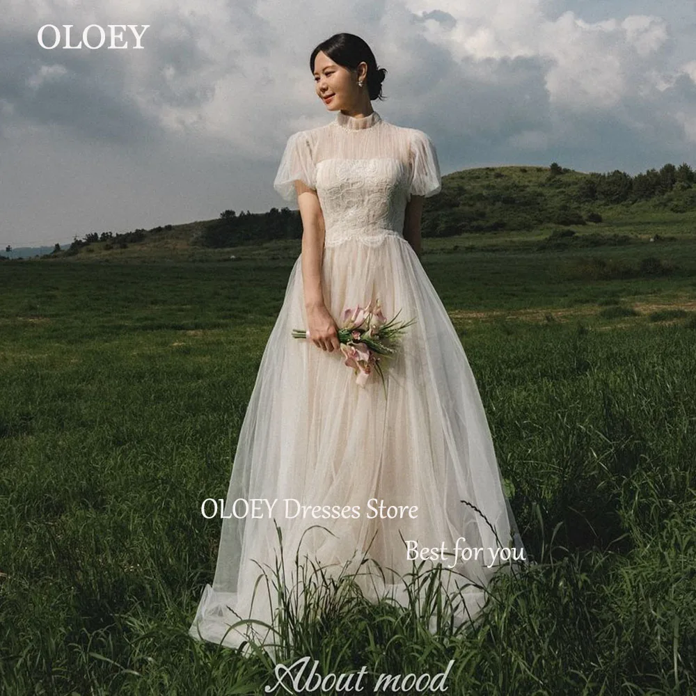 OLOEY High Collar Short Sleeves Wedding Dresses Lace A-line Korea Photo Shoot Dress for Bride Elegant Sweep Train Bridal Gown