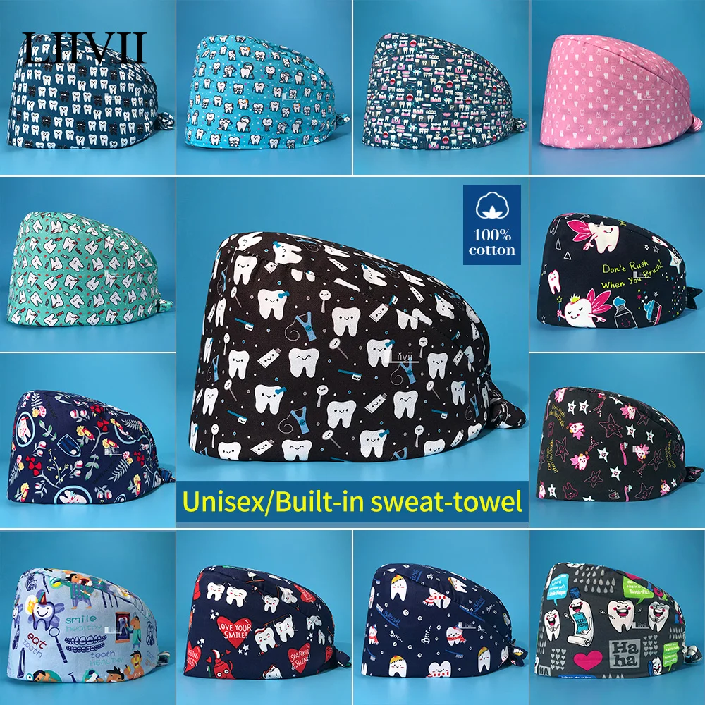 Unisex Pet Clinic Hats High Quality Tooth Print Dental Clinic Scrub Cap Breathable Medical Work Cap Cotton Nursing Hat Wholesale