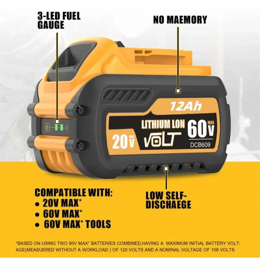 

12Ah For DEWALT 20V/60V MAX Compatible DCB609 DCB547-XJ DCB200 DCB201 DCB609 DCB182,DCB204 Battery for Flexvolt 60v Max Battery