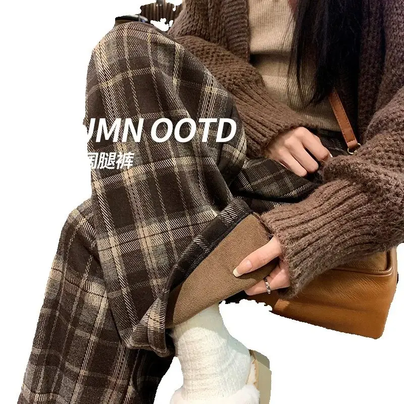 2025 Plaid Pants Children's Autumn Winter New Retro Lazy Mopping Straight-leg Pants High-waisted Woolen Wide-leg Fleece Pants