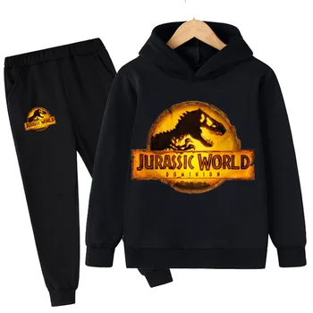Çocuk dinozor Hoodies pantolon seti erkek kız Jurassic dünya Dominion tişörtü kapşonlu çocuk moda kazaklar giyim Suit