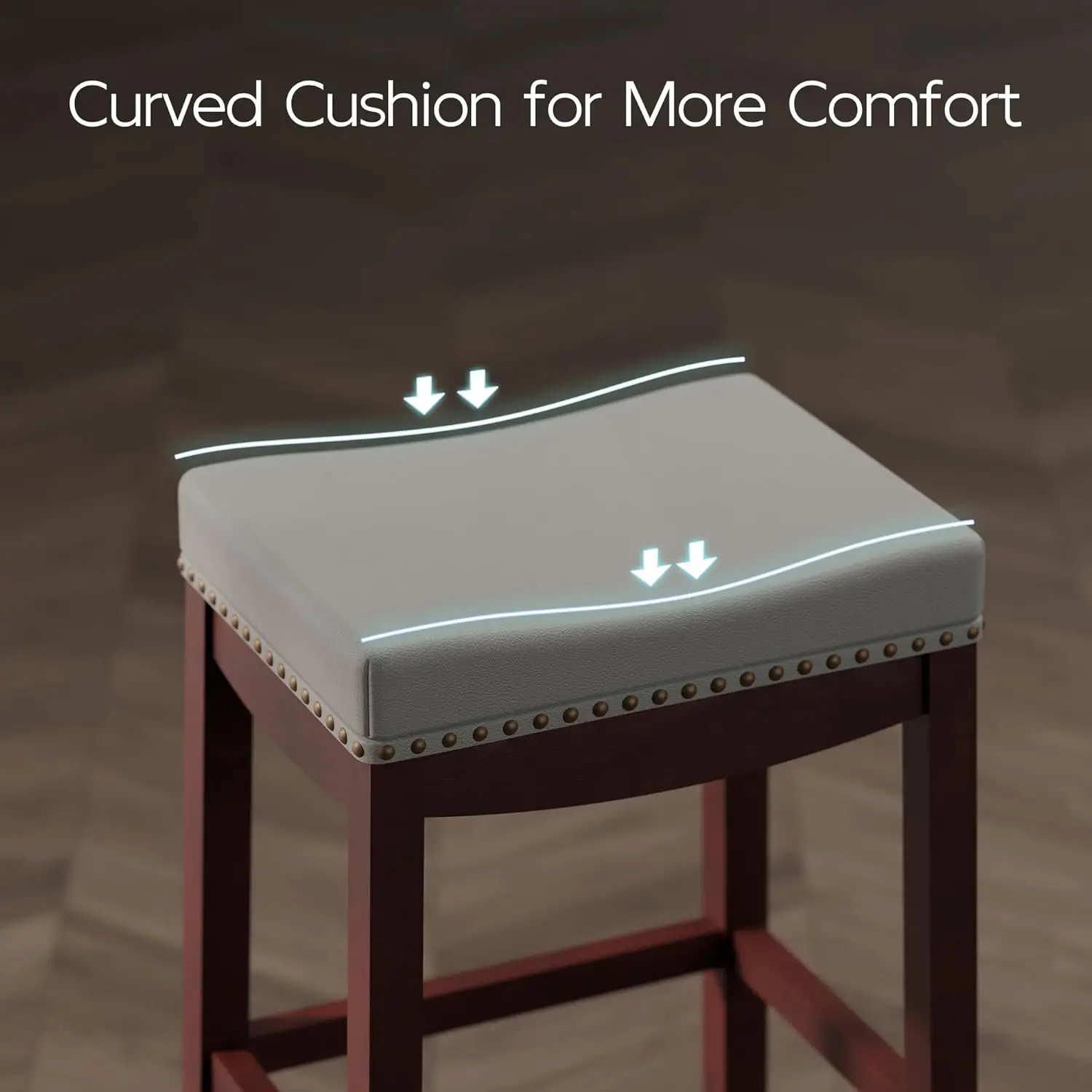 Bar Height Backless Saddle Barstools, Set of 2 - Upholstered, with Rivet Detail and Solid Wood Legs - Counter Height Bar Stools