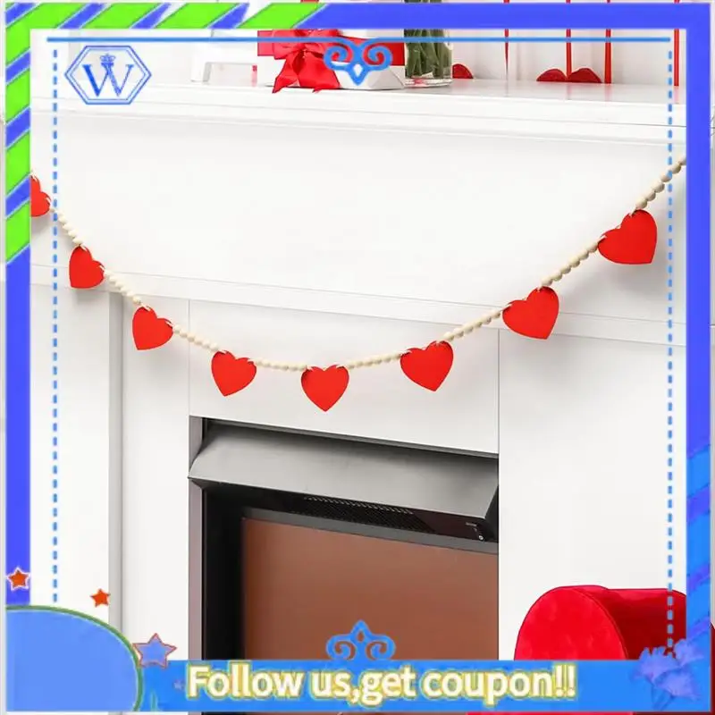

M46K-Valentines Day Decor, Love Heart Shaped Wooden Hanging Banner With Beads For The Home, Fireplace, Wall, Office, Durable