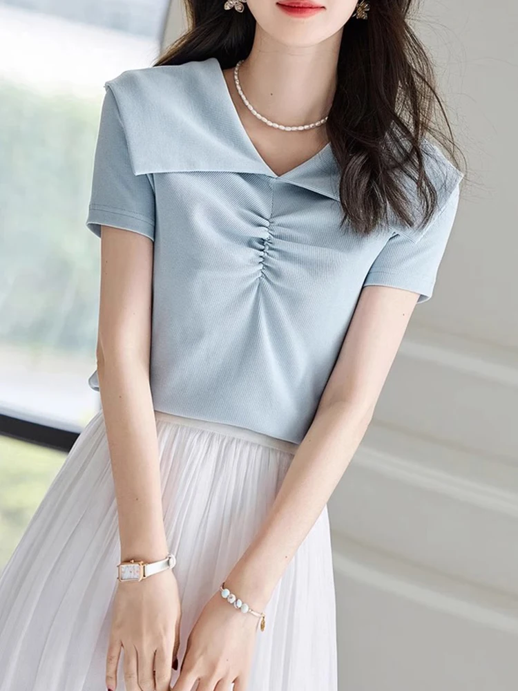 

Летняя модная женская универсальная футболка-худи с воротником, плиссированная, с коротким рукавом, из чистого хлопка, длиной до плеч