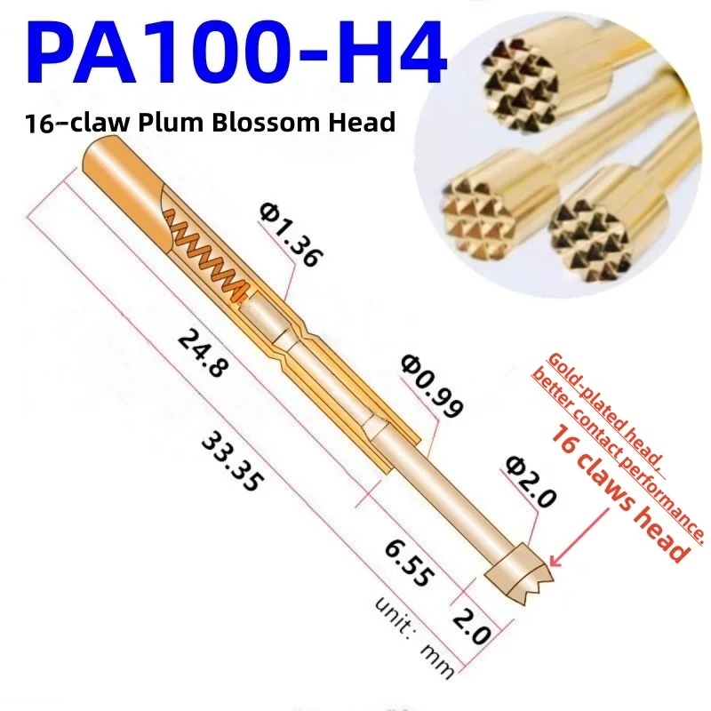 20/100PCS PA100-H4 33.35mm 16-claw Plum Blossom Head Test Pin Dia 2.0mm Needle Spring Test Probe P100-H4 Test Pogo Pin P100-H