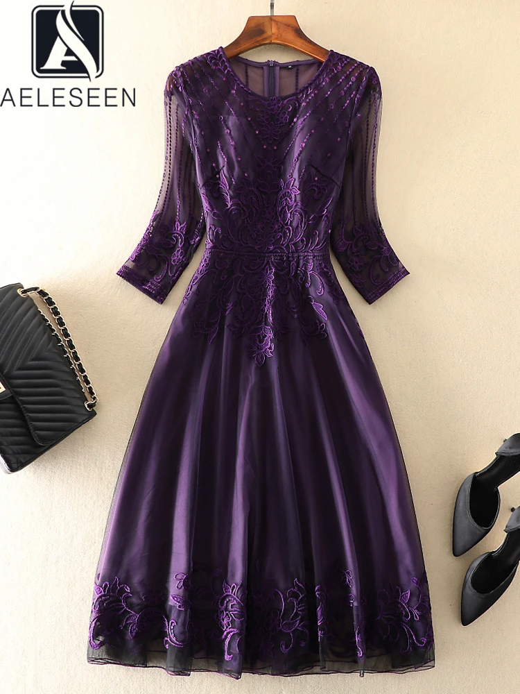 

AELESEEN Runway Fashion Women Summer Dress Half Sleeve Purple Beige Luxury Flower Embroidery Mesh Long Elegant Party Holiday