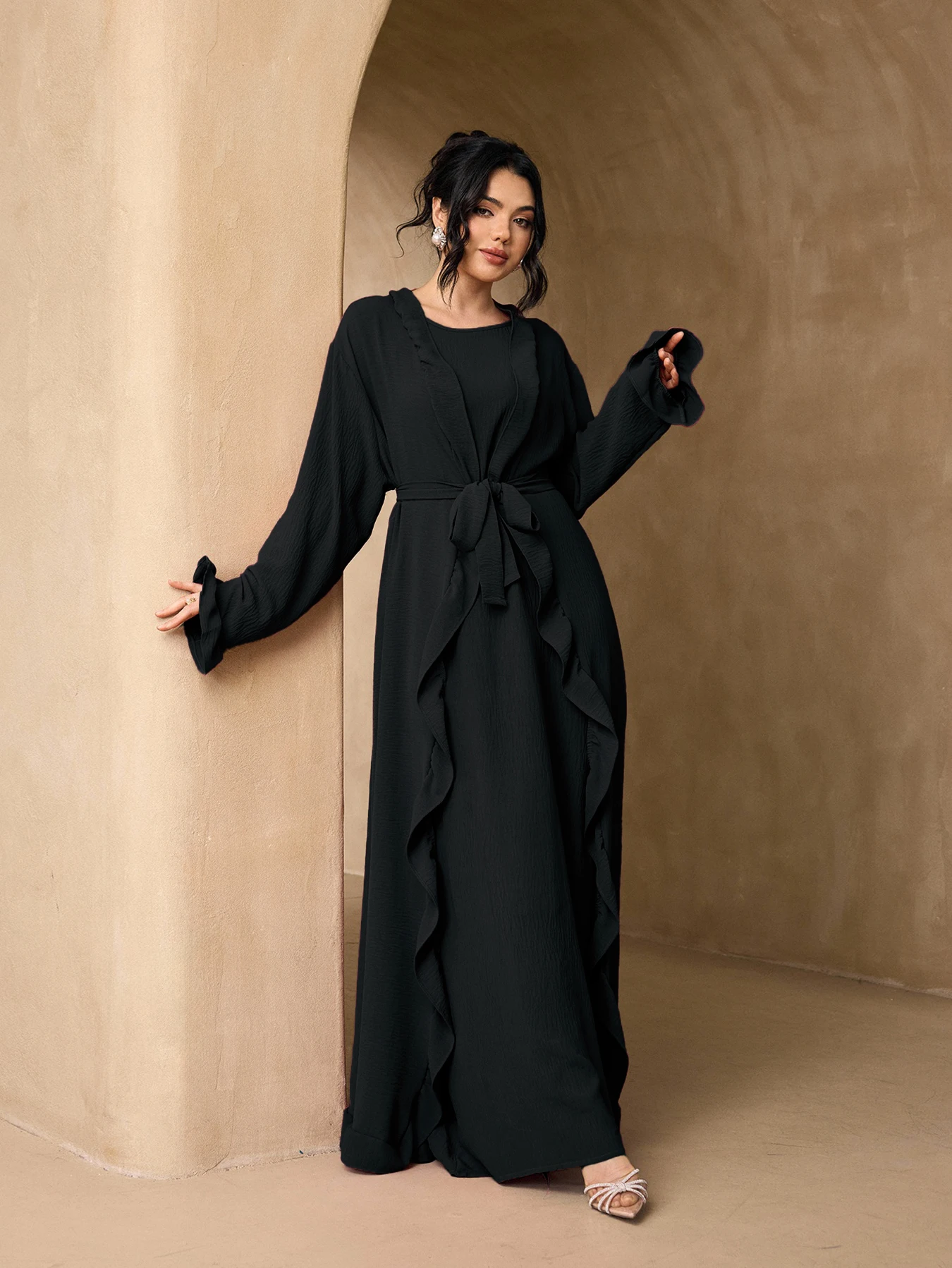 Wave Ruffle Trim Open Abaya 3 Piece Set, Flare Sleeve Modest Maxi Dress with Belt & Hijab, Muslim Women Eid Daily Party Outfit