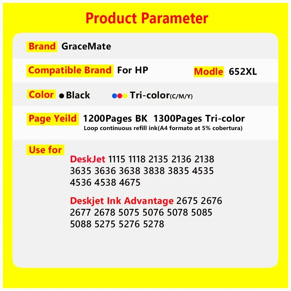 GraceMate 652XL Replacement for HP 652 hp652 Ink Cartridge for HP Deskjet 1115 1118 2135 2136 2138 3635 3636 3638 3838 3835