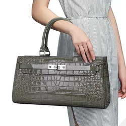 Aidrani  Trendy crocodile patterned women's large capacity handbag, made of cowhide material, with a gray square bag