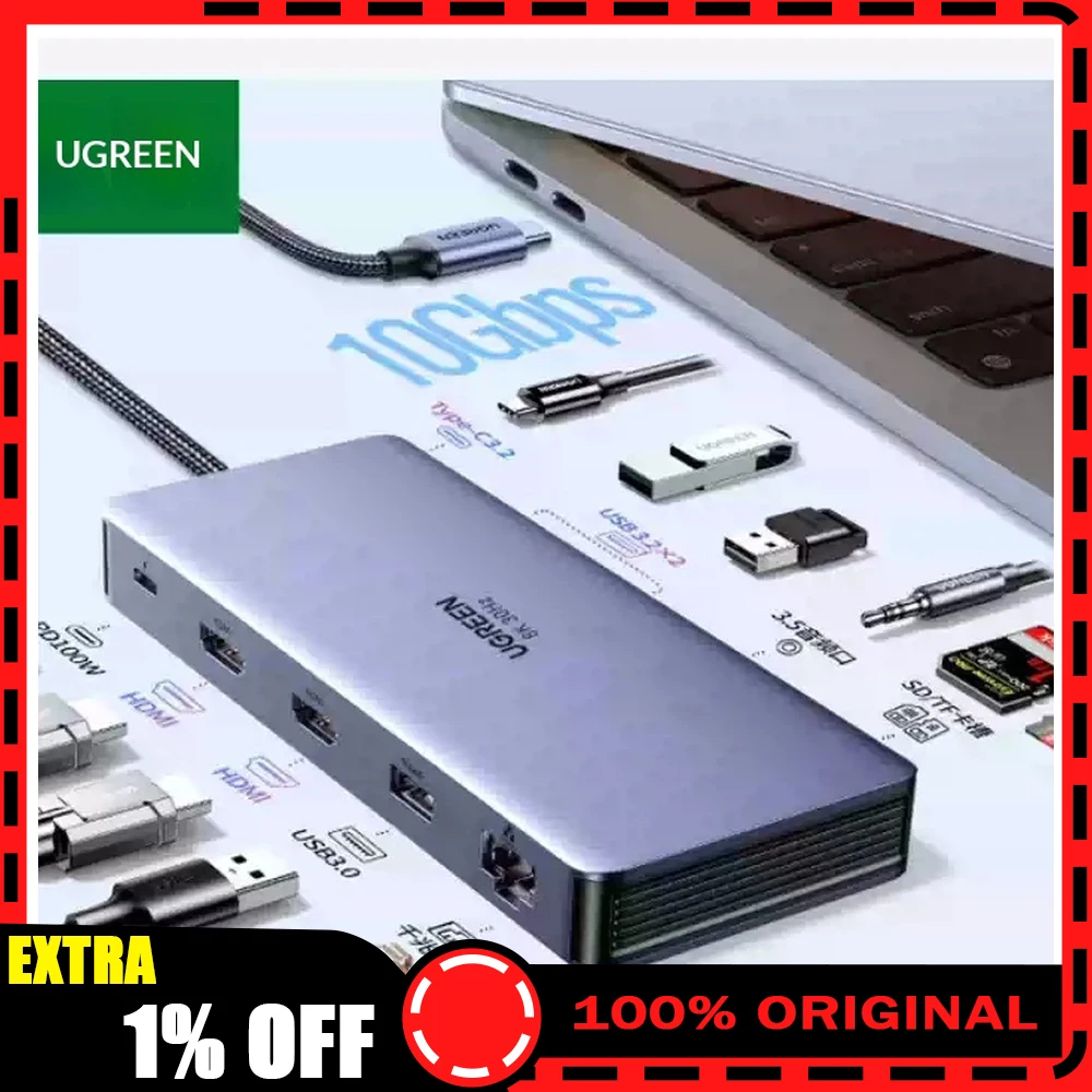 UGREEN 15965 USB C 3.2 Docking Station Triple Display Dual HDMI Thunderbolt 4 5 10Gbps Multiport Hub Adapter for Laptop Monitors