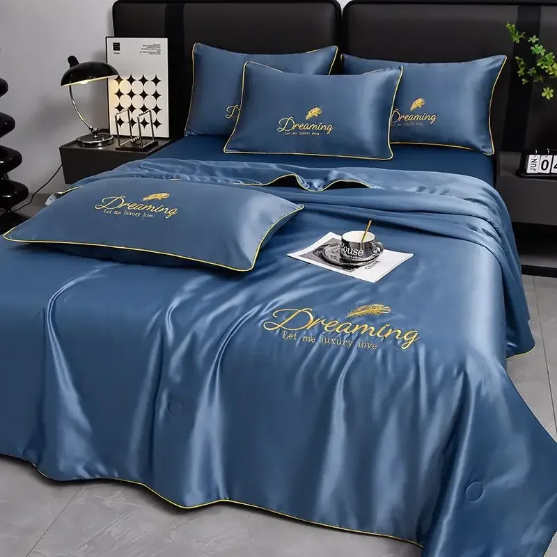 Bed sheets, air conditioning quilts water washed ice silk embroidery, four piece set all season versatile