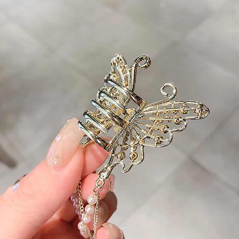 Retro Hollow Butterfly Tassel Hairpin Korean Girl Rhinestone Ponytail Hair Claw Elegant Pearl Hair Accessories For Women