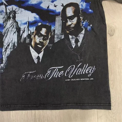 Imagen 2 del producto Camiseta de manga corta lavada negra de VALLEY con letras de taladro en caliente para hombre, camiseta de gran tamaño con estampado de Estatua de la libertad americana de algodón puro