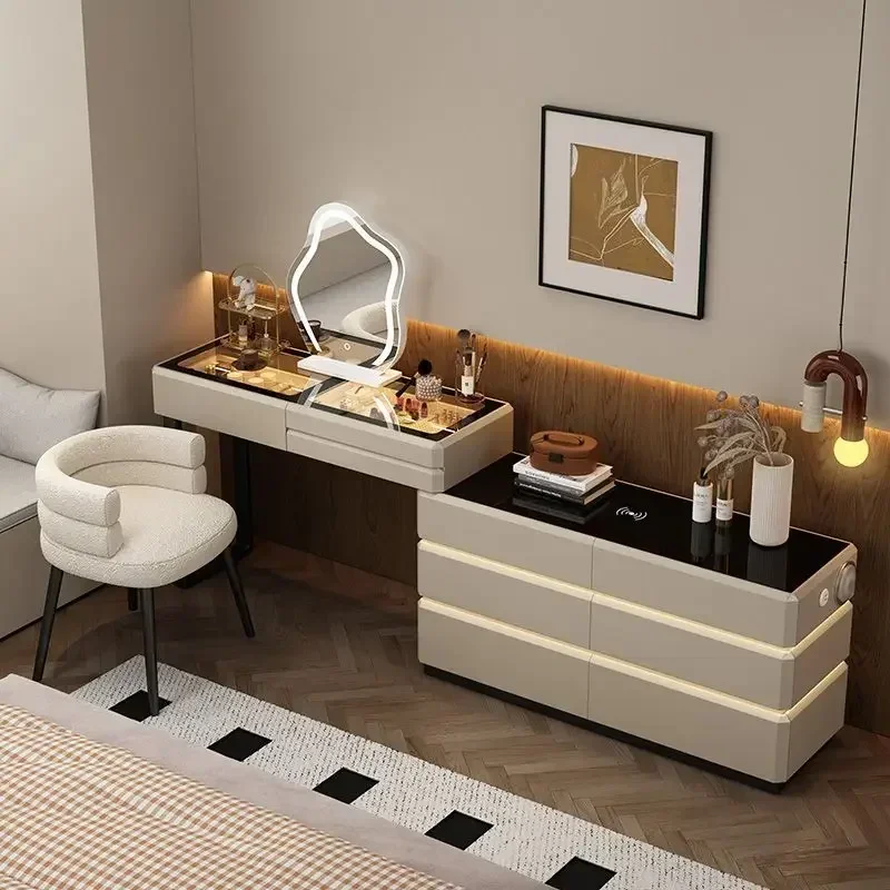 

Modern Dressing Table Vanity Desk with Wireless Charging Station Bluetooth Speaker Glass Top Lighted Mirror with 8 Drawers Side