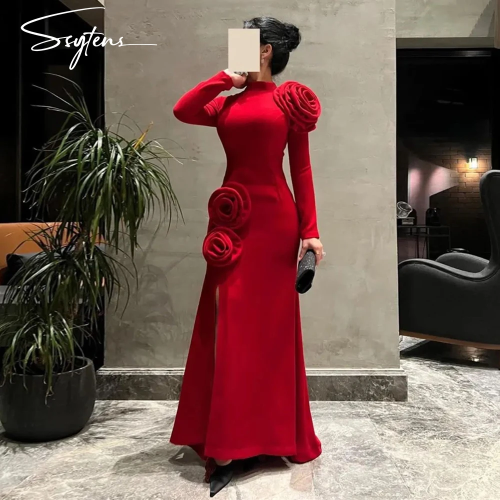 Klassisches rotes Meerjungfrauen-Kleid mit hohem Halsausschnitt, maßgeschneiderte Anlasskleider, 3D-Blumen, formelles Abendkleid, knöchellang, einfaches besonderes Partykleid