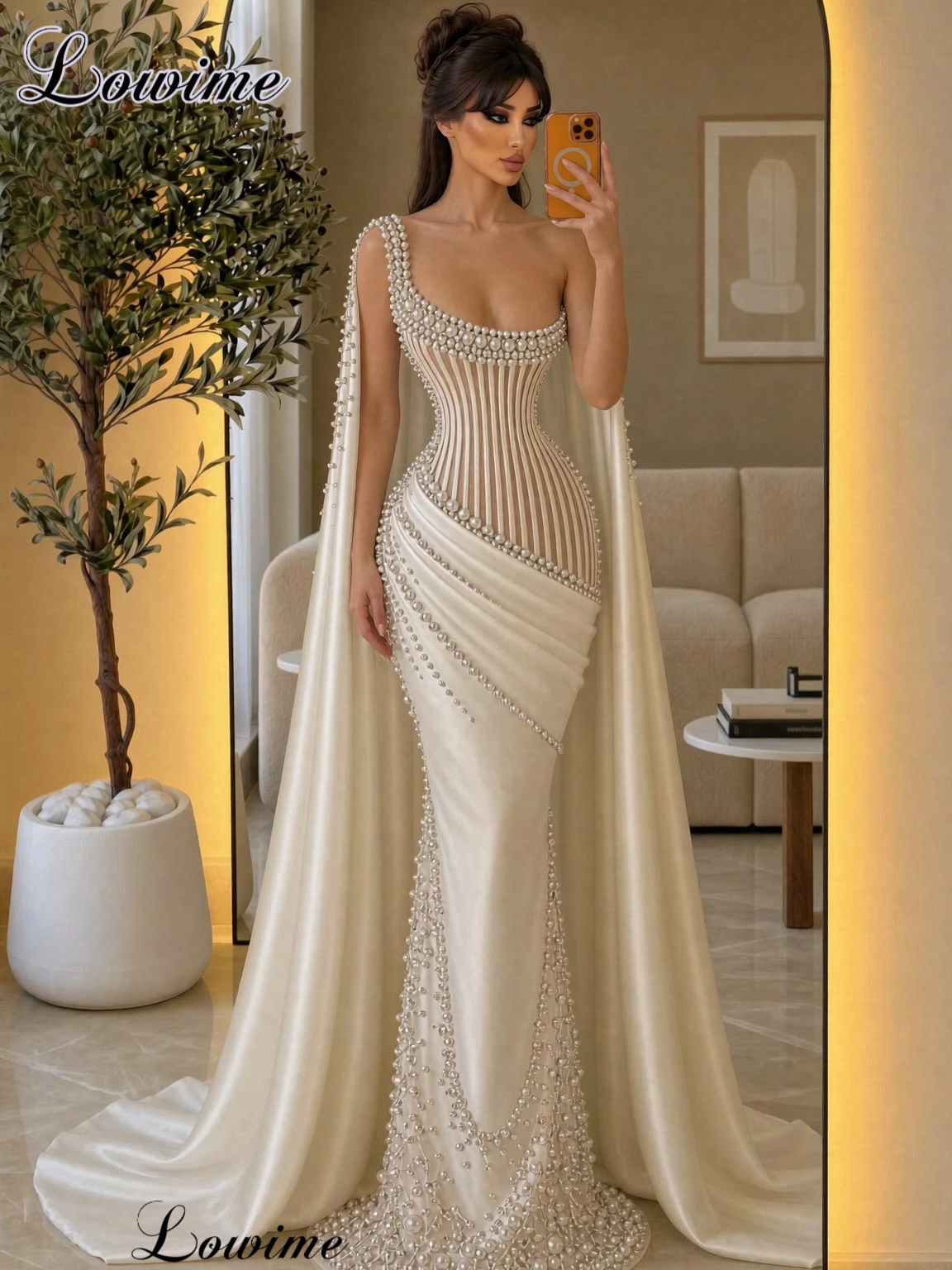 Cremefarbene Promi-Kleider mit Perlen, trägerlose elegante Abendkleider, Festkleider, Meerjungfrauenkleider, Vestidos De Gala, maßgeschneidert.