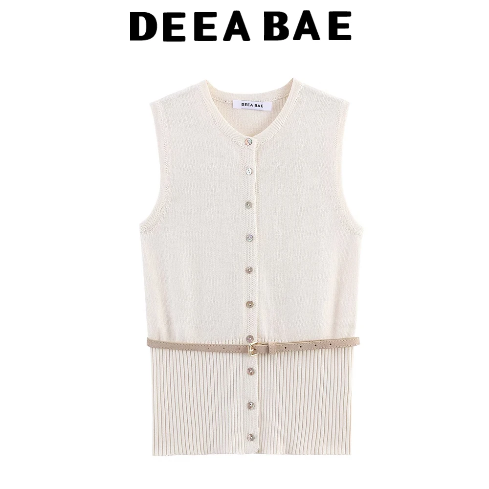 

DEEABAE White slim fit with waistband cinched waist sleeveless outerwear knitted sweater vest top women's spring and autumn