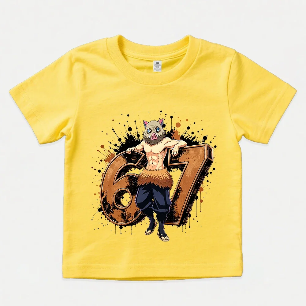 Hashibira Inosuke Number 67 Print Kids Black Cotton T Shirt Anime Demon Slayer Short Sleeve Casual Birthday Top For Boys