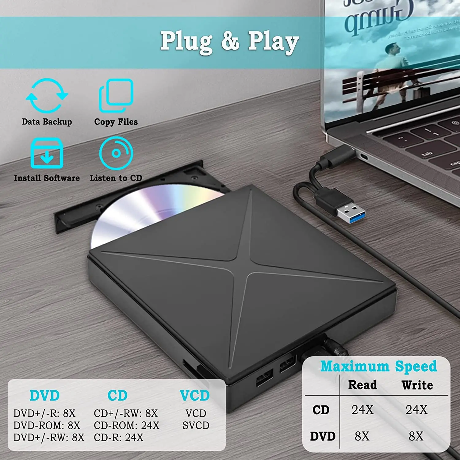 External Optical Drive USB 3.0 Portable CD DVD +/ RW Drive, DVD Player for Laptop, CD ROM Burner with USB Port TF/SD Card Slots