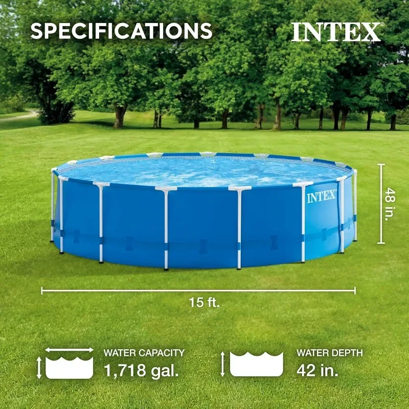 Intex 28241EH Metal Frame Above Ground Swimming Pool Set: 15ft x 48in – Includes 1000 GPH Cartridge Filter Pump–Removable Ladder
