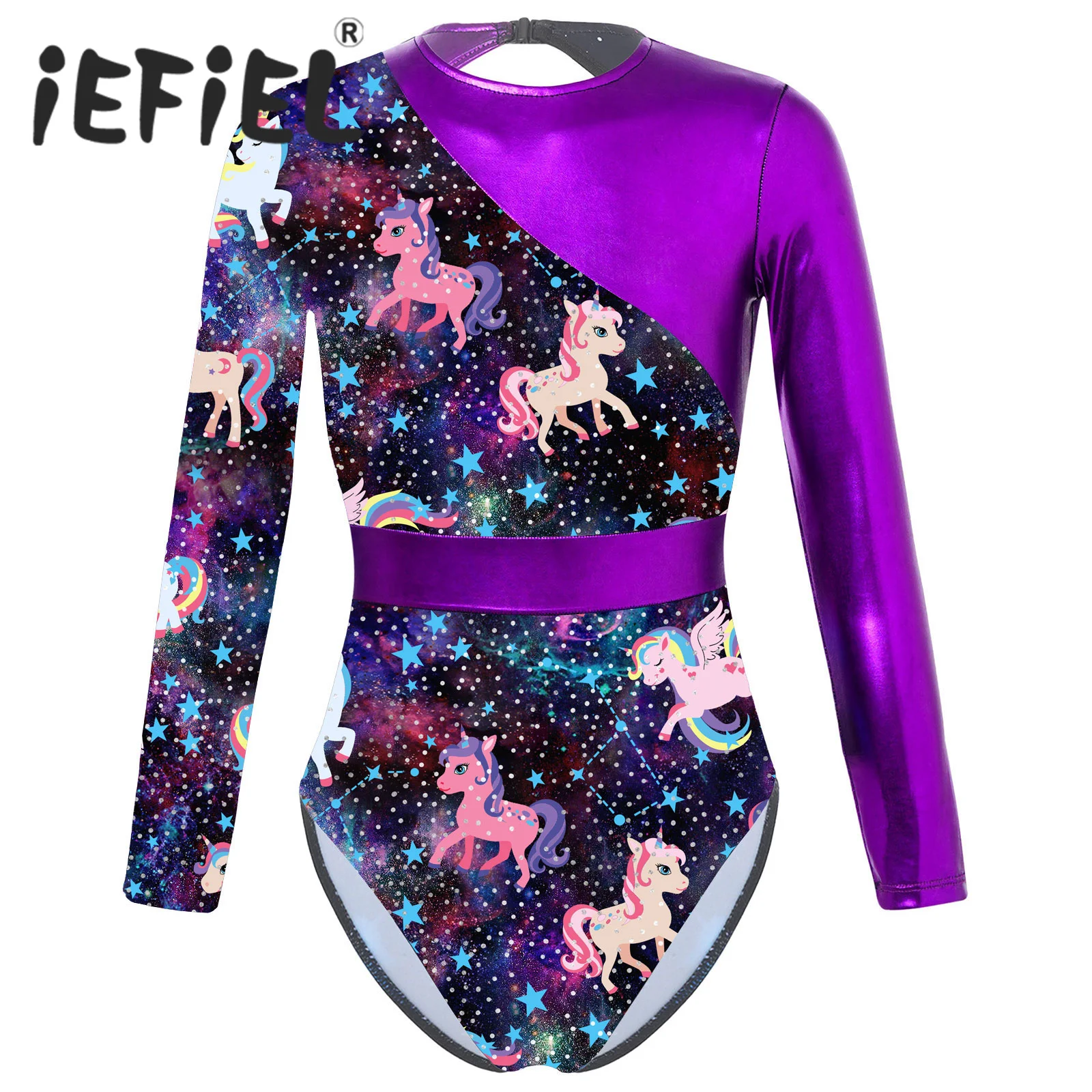 Kid Girls Ballet Dance Leotard Cartoon Horse Print Sports Gymnastics Bodysuit Open Back Long Sleeves Ballerina Dance Costumes