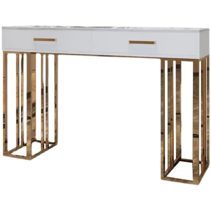 Mesa consola nórdica moderna de acero inoxidable con cajón de entrada, mesa auxiliar larga de Metal, muebles para el hogar y la sala de estar, 100cm