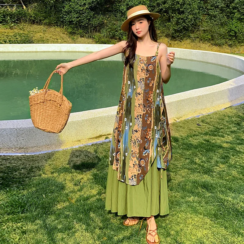 بوهيميا عطلة الشاطئ نمط الأخضر عدم انتظام الأزهار طباعة الرسن فساتين للنساء الصيف بلا أكمام ثوب الجنية التنانير الطويلة