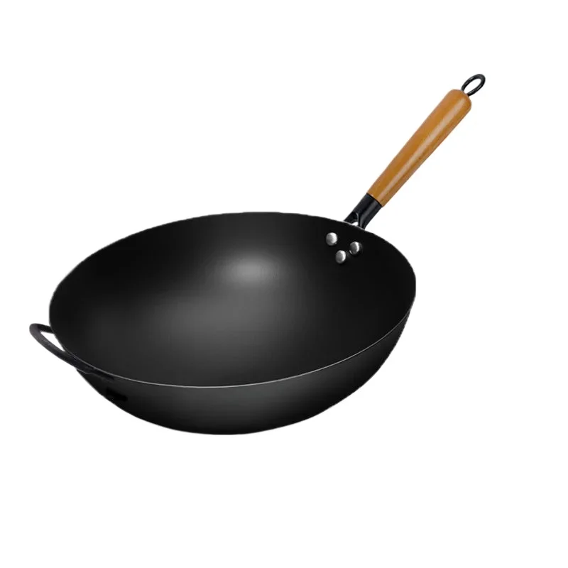 Iron Wok Pan, 32cm Woks & Stir-Fry Pans No Chemical Coated Flat Bottom Chinese Woks Pan for Induction,Electric,Gas