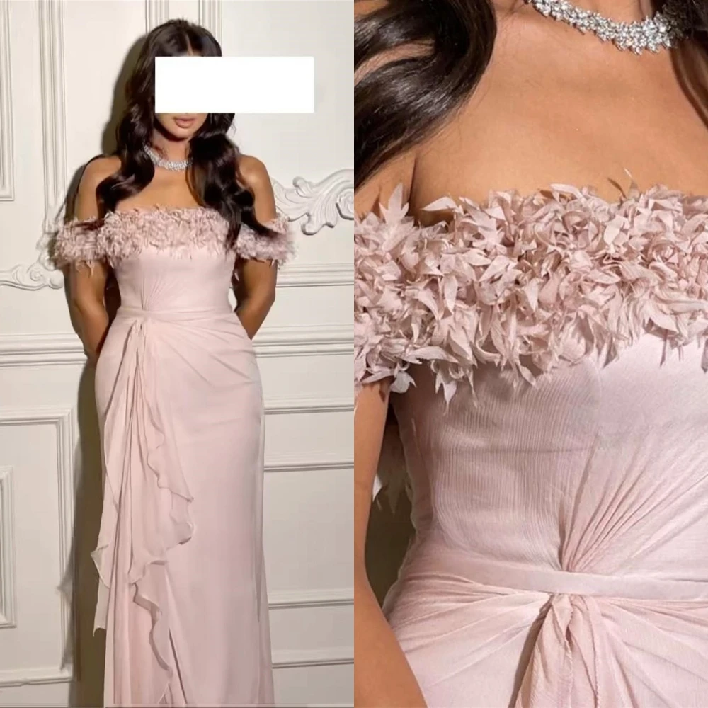 

Pink Luxury Dress Off the Shoulder Floor Length Chiffon Prom Dresses Fashion Ruched Formal Evening Gowns Wedding Party Dress