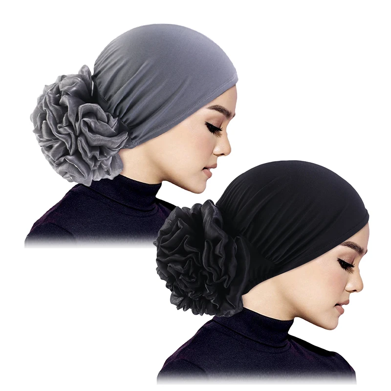 2PCS Women's Hijabs Big Flower Turban Hair Accessories Elastic Cloth Hair Bands Hat Beanie Ladies Muslim Hair Loss Scarf Cap