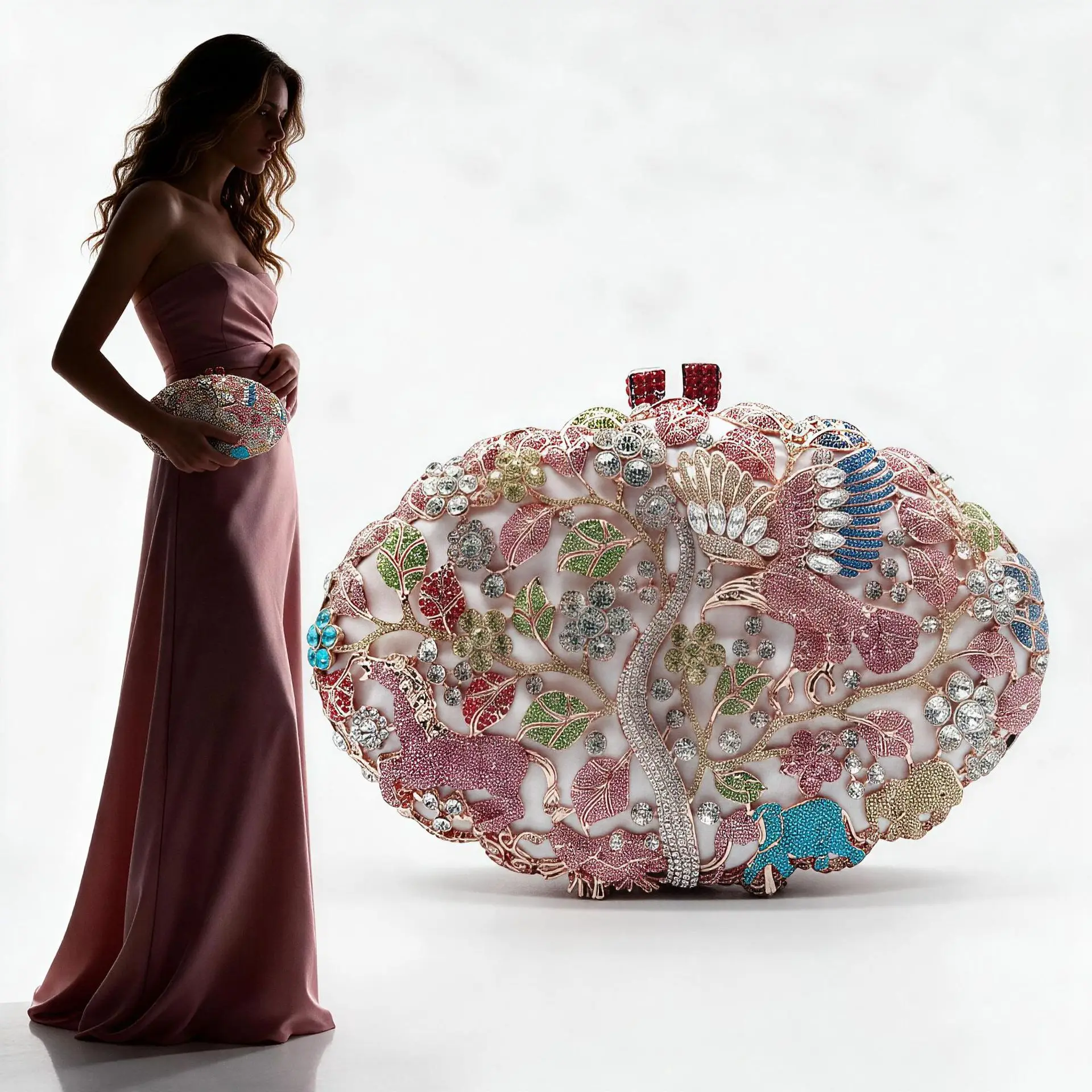 Animal Forest Crystal Clutch Rose Gold Base Openwork Rhinestone Bird Flower Elephant Pattern For Evening Parties And Balls