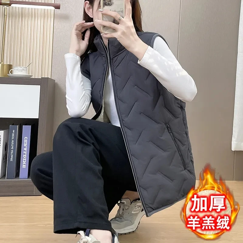 Autumn Winter Lamb Cashmere Warm Loose Women's Down Cotton Vest Jacket Add Velvet 2025 Be All-match Ladies Waistcoat Coat